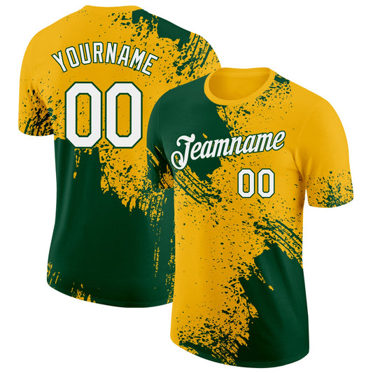 Custom Gold White-Green Abstract Brush Stroke Performance T-Shirt - Main View