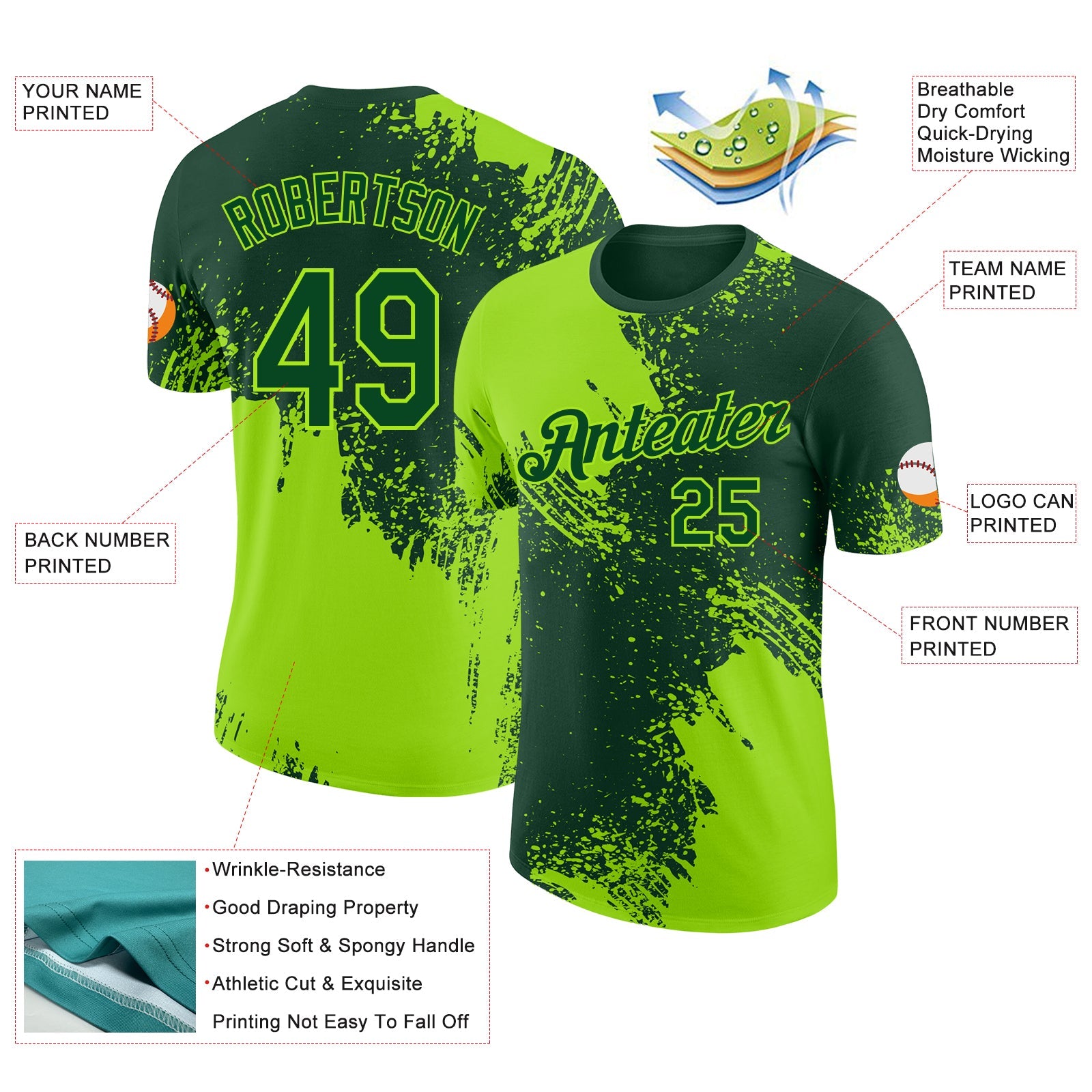 Custom Green-Neon Green Abstract Brush Stroke Performance T-Shirt view 2