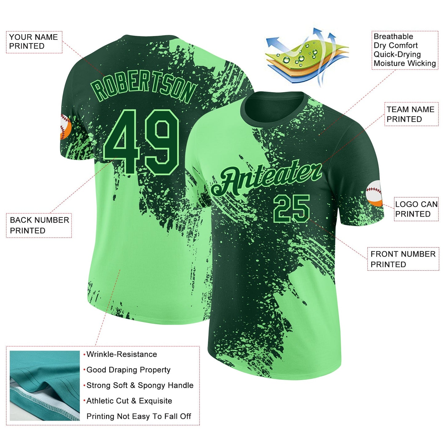 Custom Green-Pea Green Abstract Brush Stroke Performance T-Shirt view 2