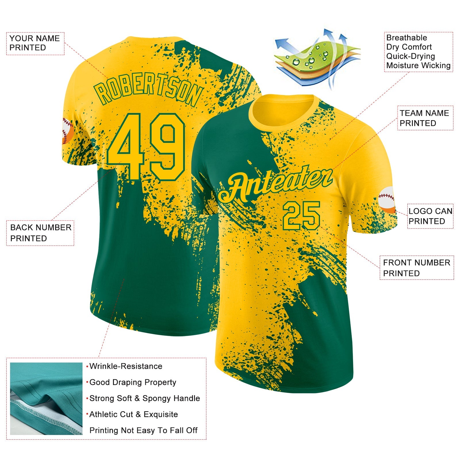 Custom Yellow-Kelly Green Abstract Brush Stroke Performance T-Shirt view 2