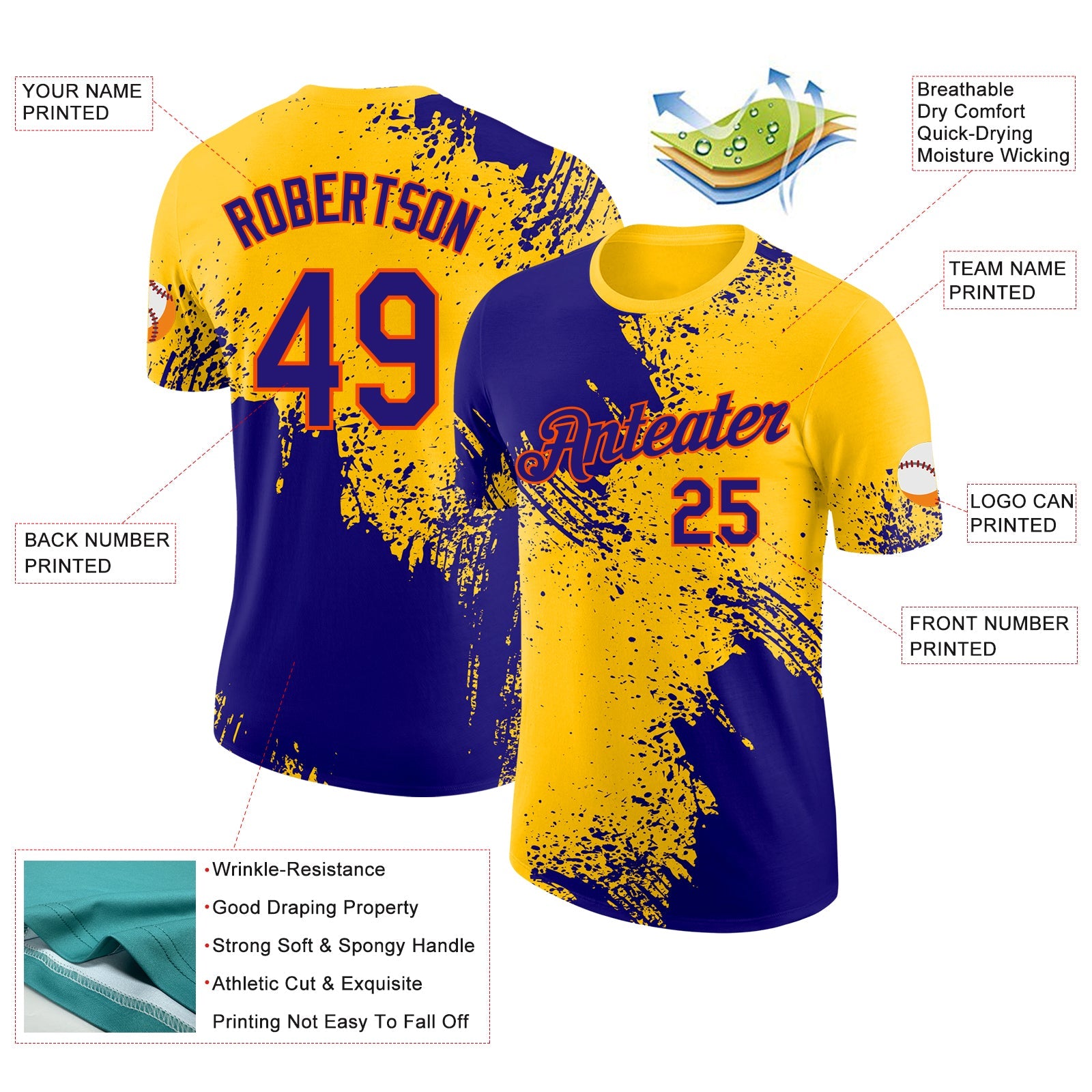 Custom Yellow Dark Purple-Orange Abstract Brush Stroke Performance T-Shirt view 2