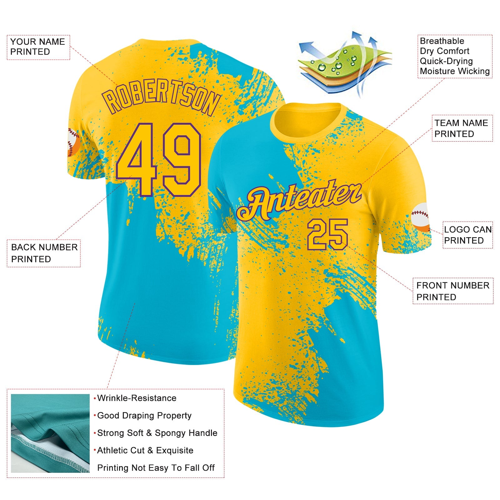Custom Yellow Lakes Blue-Purple Abstract Brush Stroke Performance T-Shirt view 2