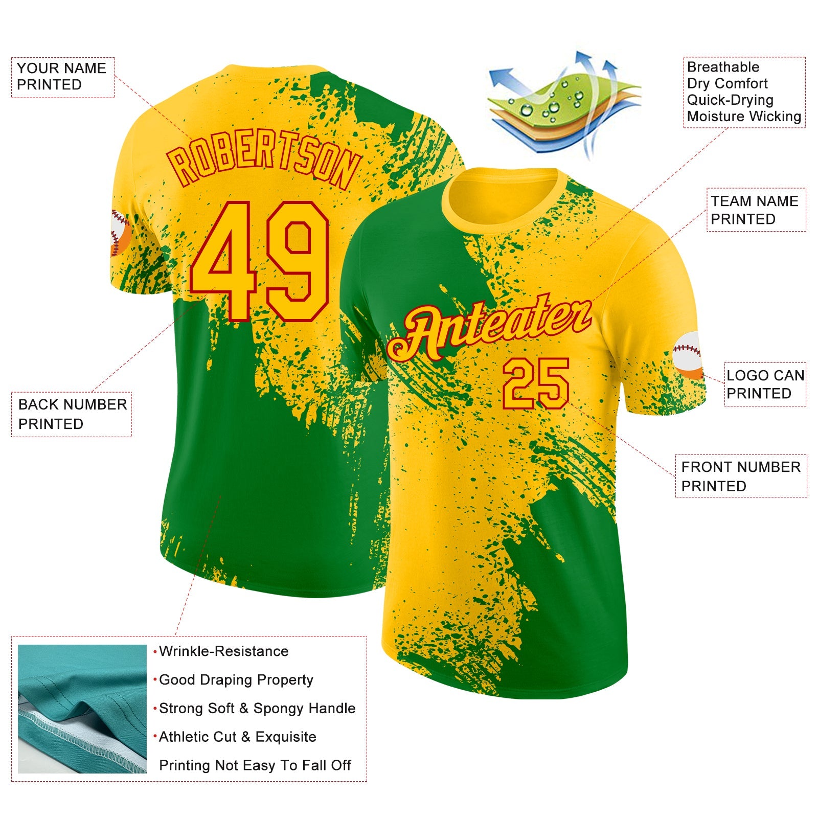 Custom Yellow Grass Green-Red Abstract Brush Stroke Performance T-Shirt view 2