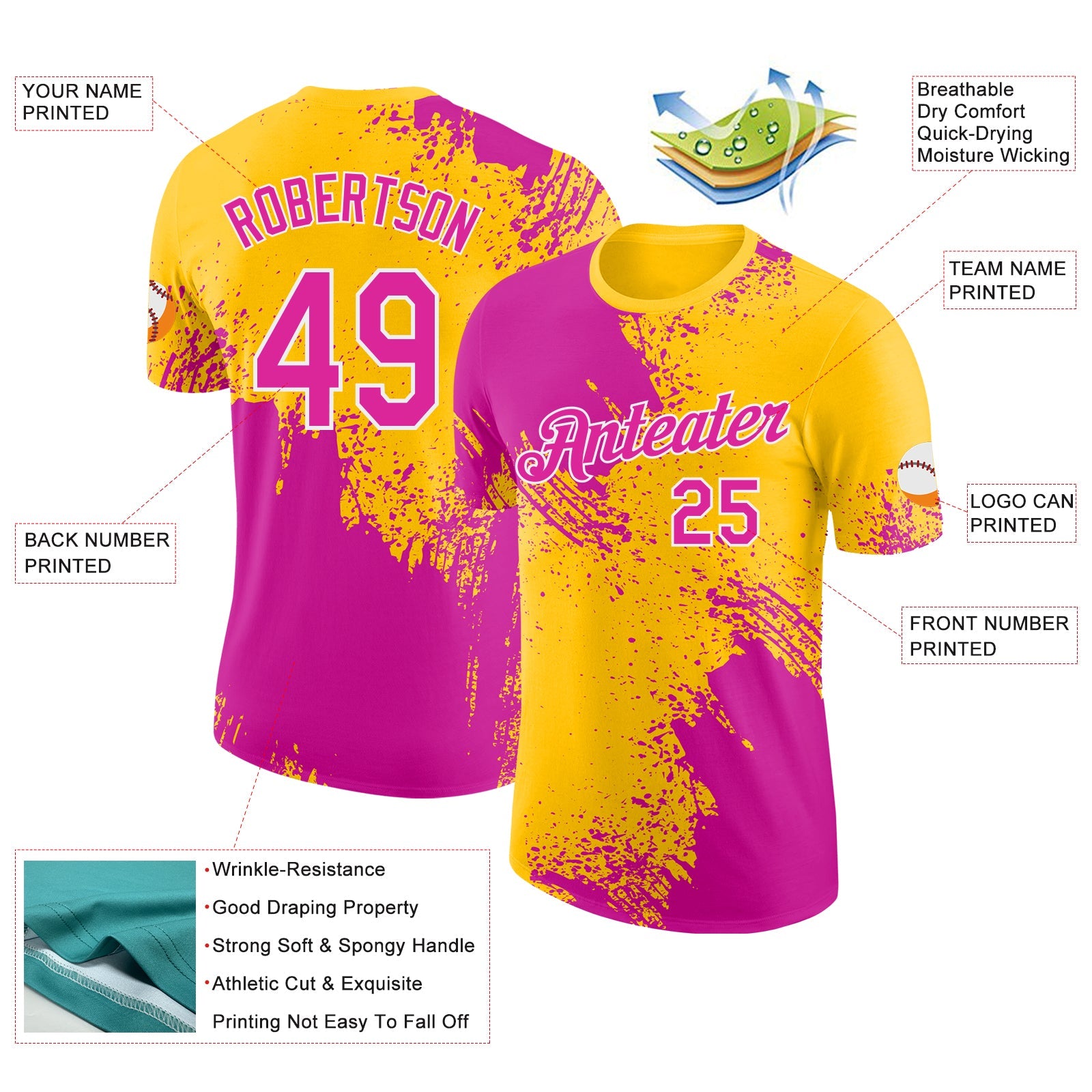 Custom Yellow Deep Pink-White Abstract Brush Stroke Performance T-Shirt view 2