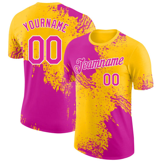 Custom Yellow Deep Pink-White Abstract Brush Stroke Performance T-Shirt - Main View