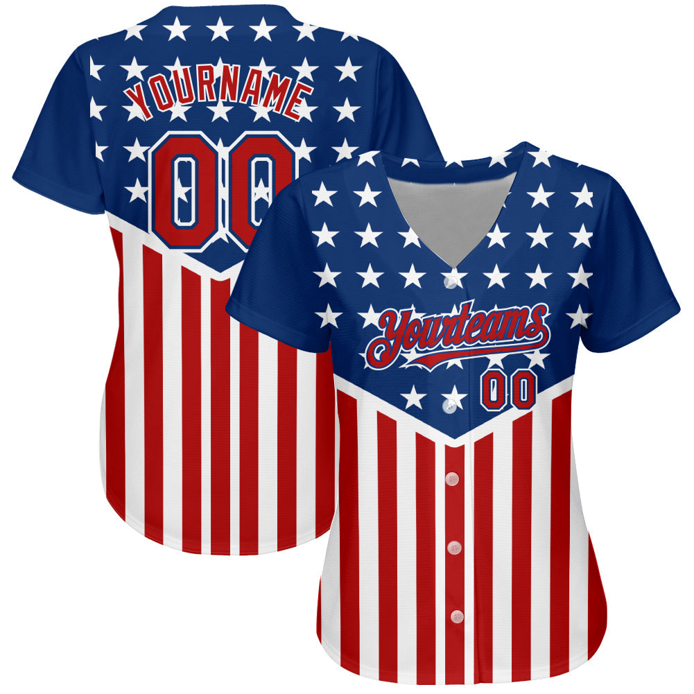 Custom Royal Red-White 3D American Flag Authentic Baseball Jersey view 2