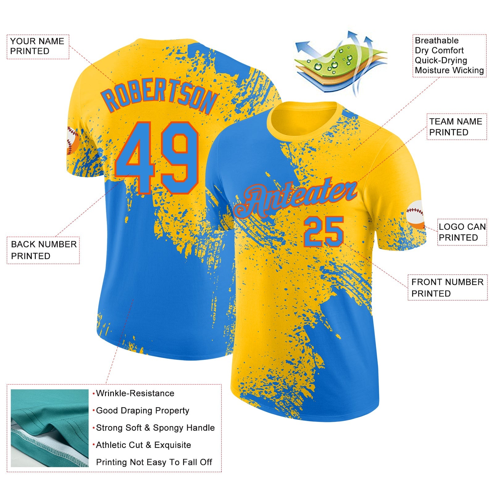 Custom Yellow Powder Blue-Orange Abstract Brush Stroke Performance T-Shirt view 2