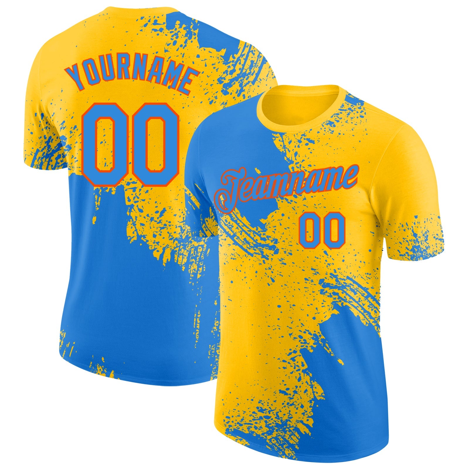 Custom Yellow Powder Blue-Orange Abstract Brush Stroke Performance T-Shirt - Main View
