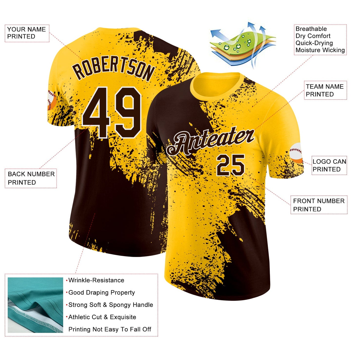 Custom Yellow Brown-White Abstract Brush Stroke Performance T-Shirt view 2