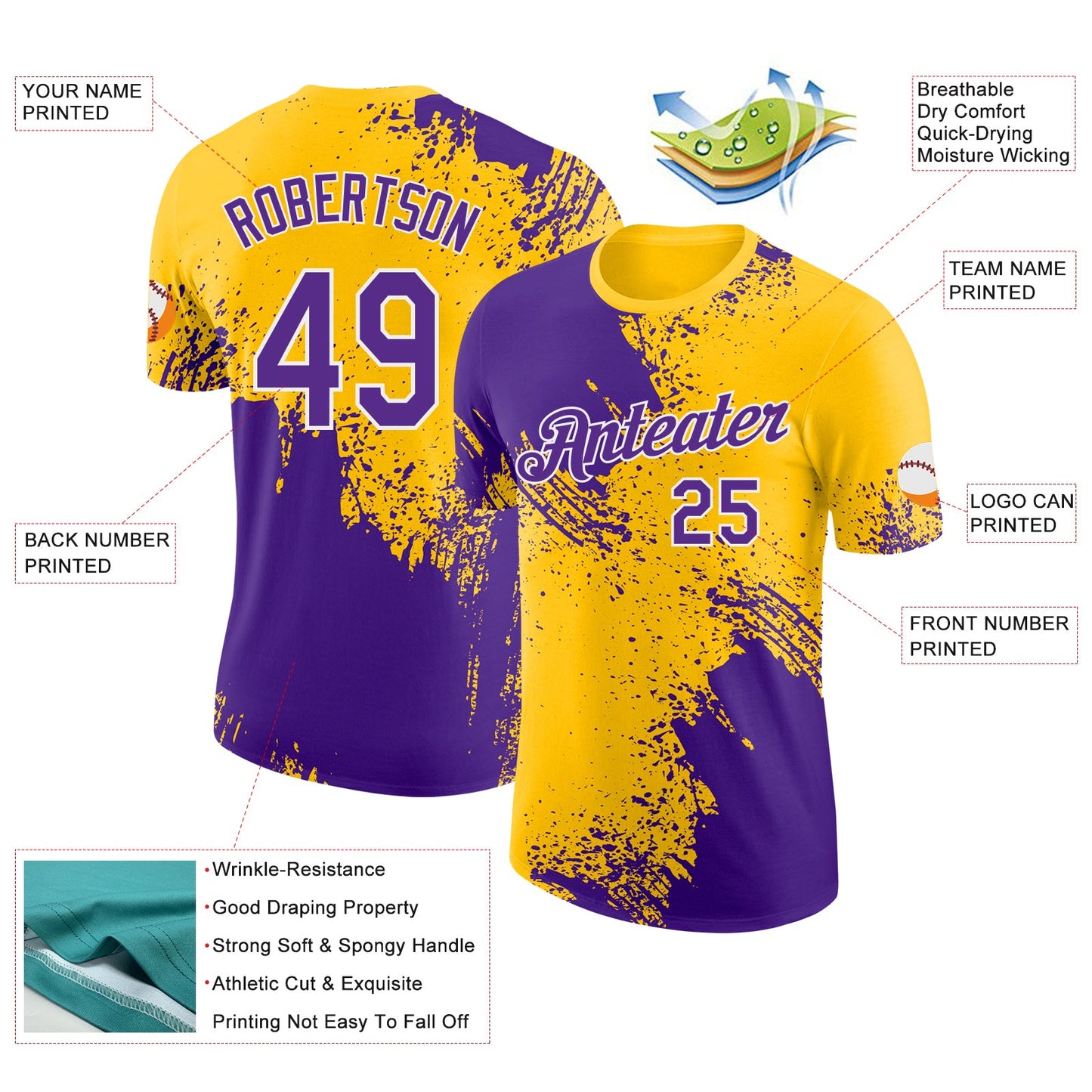 Custom Yellow Purple-White Abstract Brush Stroke Performance T-Shirt view 2