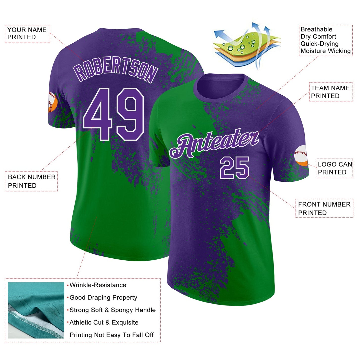 Custom Purple Grass Green-White Abstract Brush Stroke Performance T-Shirt view 2