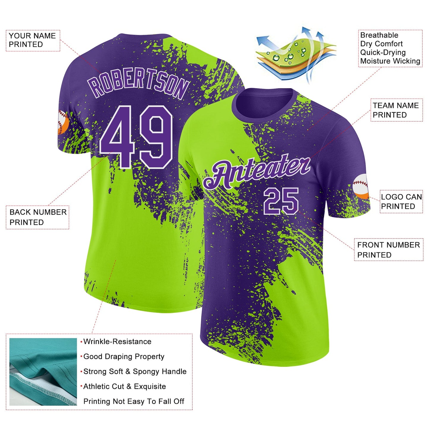 Custom Purple Neon Green-White Abstract Brush Stroke Performance T-Shirt view 2