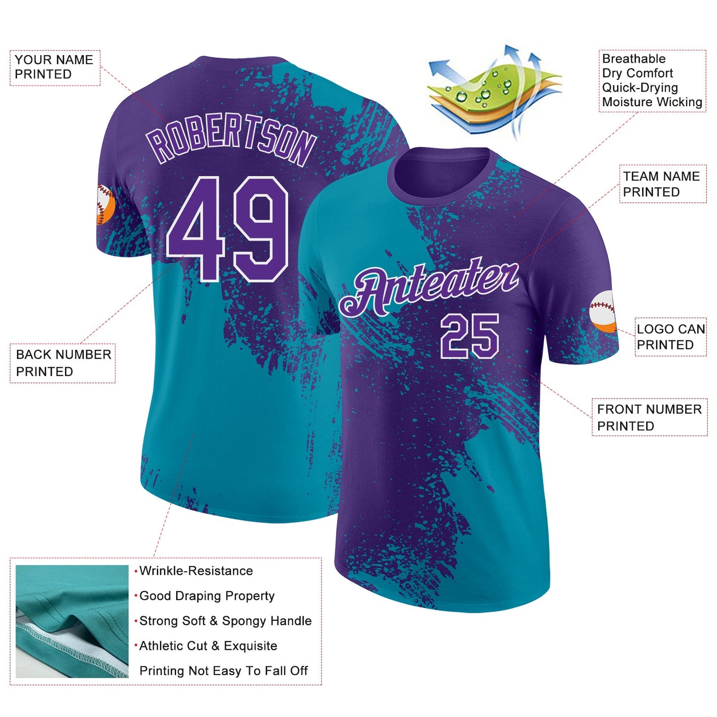 Custom Purple Teal-White Abstract Brush Stroke Performance T-Shirt view 2