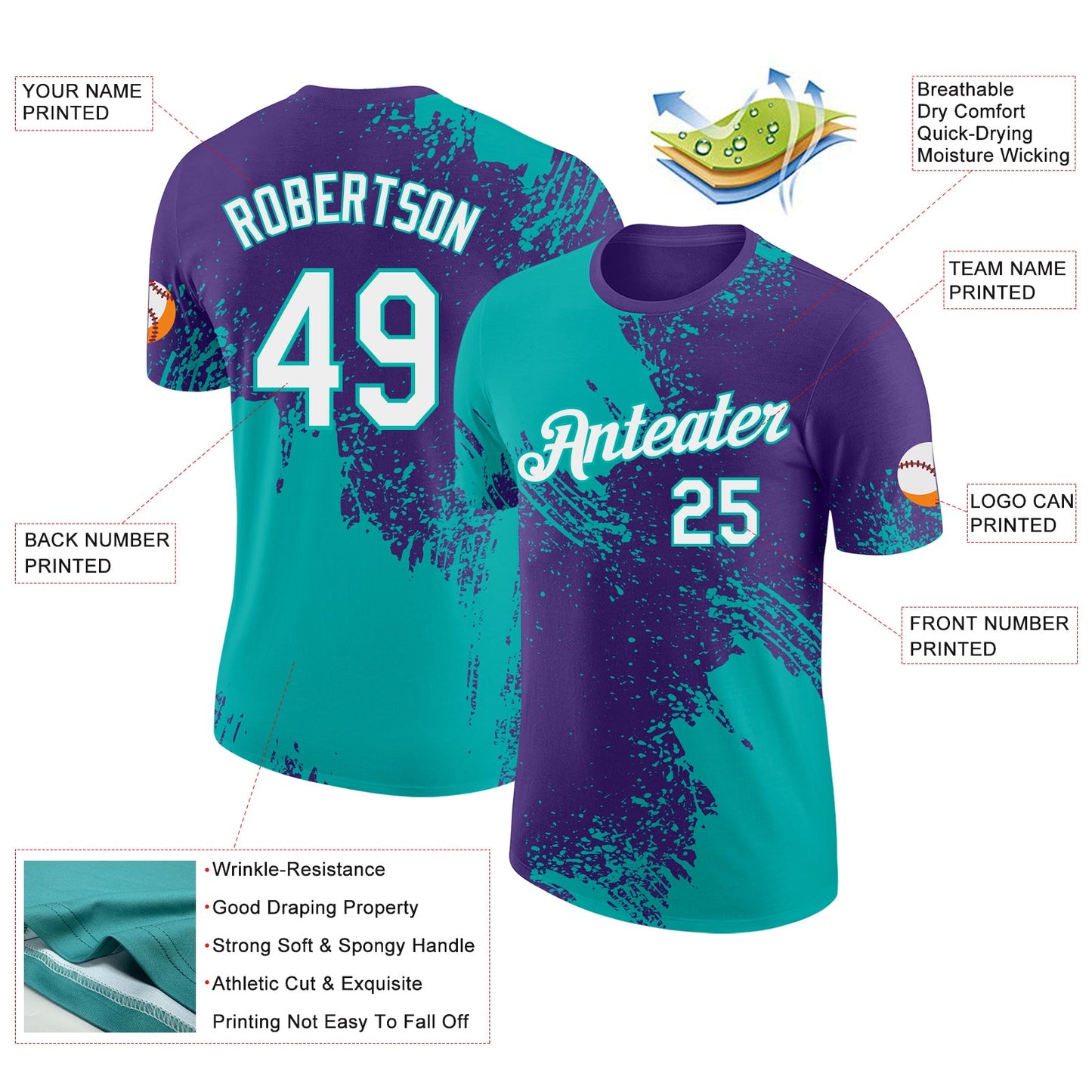 Custom Purple White-Aqua Abstract Brush Stroke Performance T-Shirt view 2