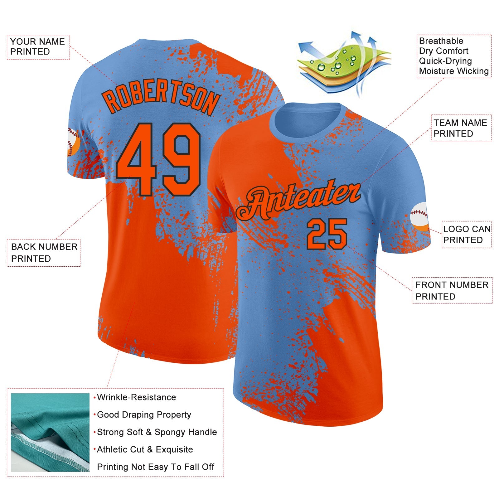 Custom Light Blue Orange-Black Abstract Brush Stroke Performance T-Shirt view 2