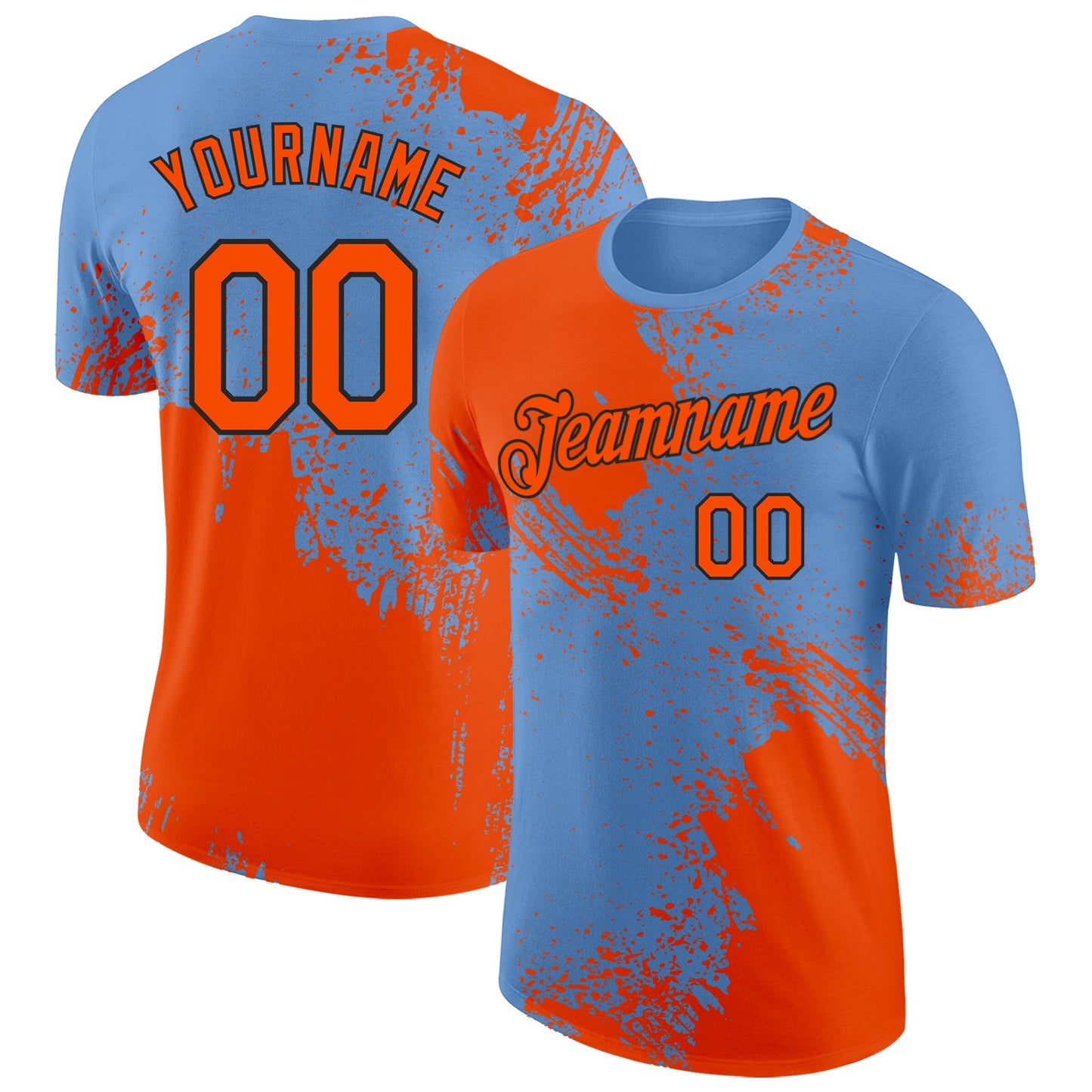 Custom Light Blue Orange-Black Abstract Brush Stroke Performance T-Shirt - Main View