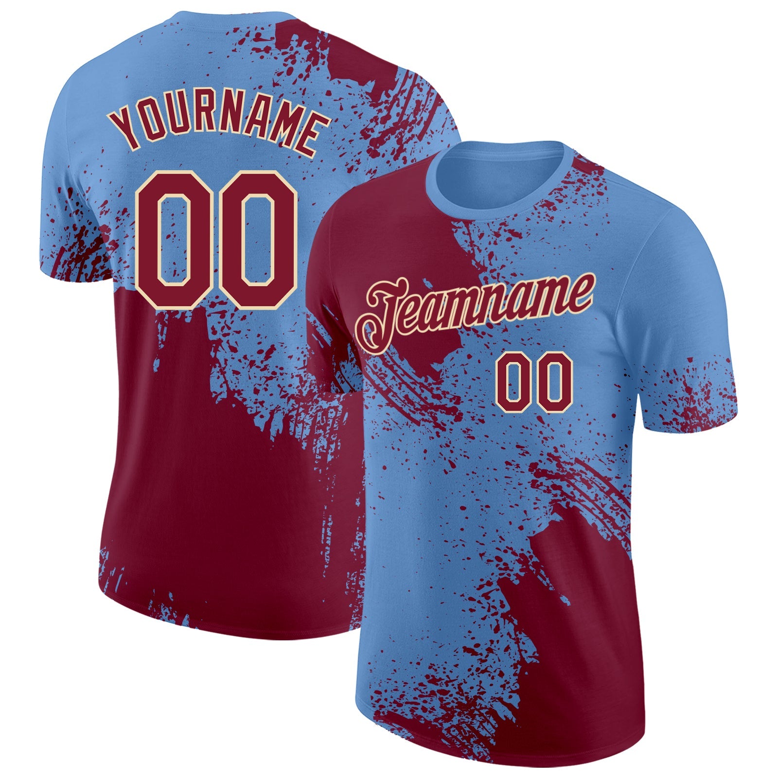 Custom Light Blue Crimson-Cream Abstract Brush Stroke Performance T-Shirt - Main View