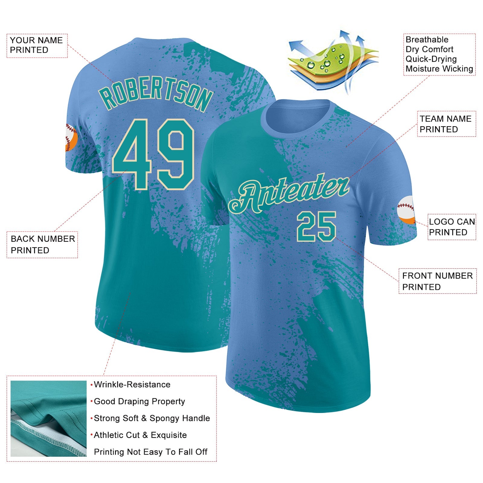 Custom Light Blue Teal-Cream Abstract Brush Stroke Performance T-Shirt view 2