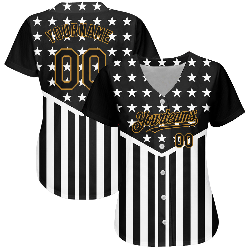 Custom Black Old Gold-White 3D American Flag Authentic Baseball Jersey view 2