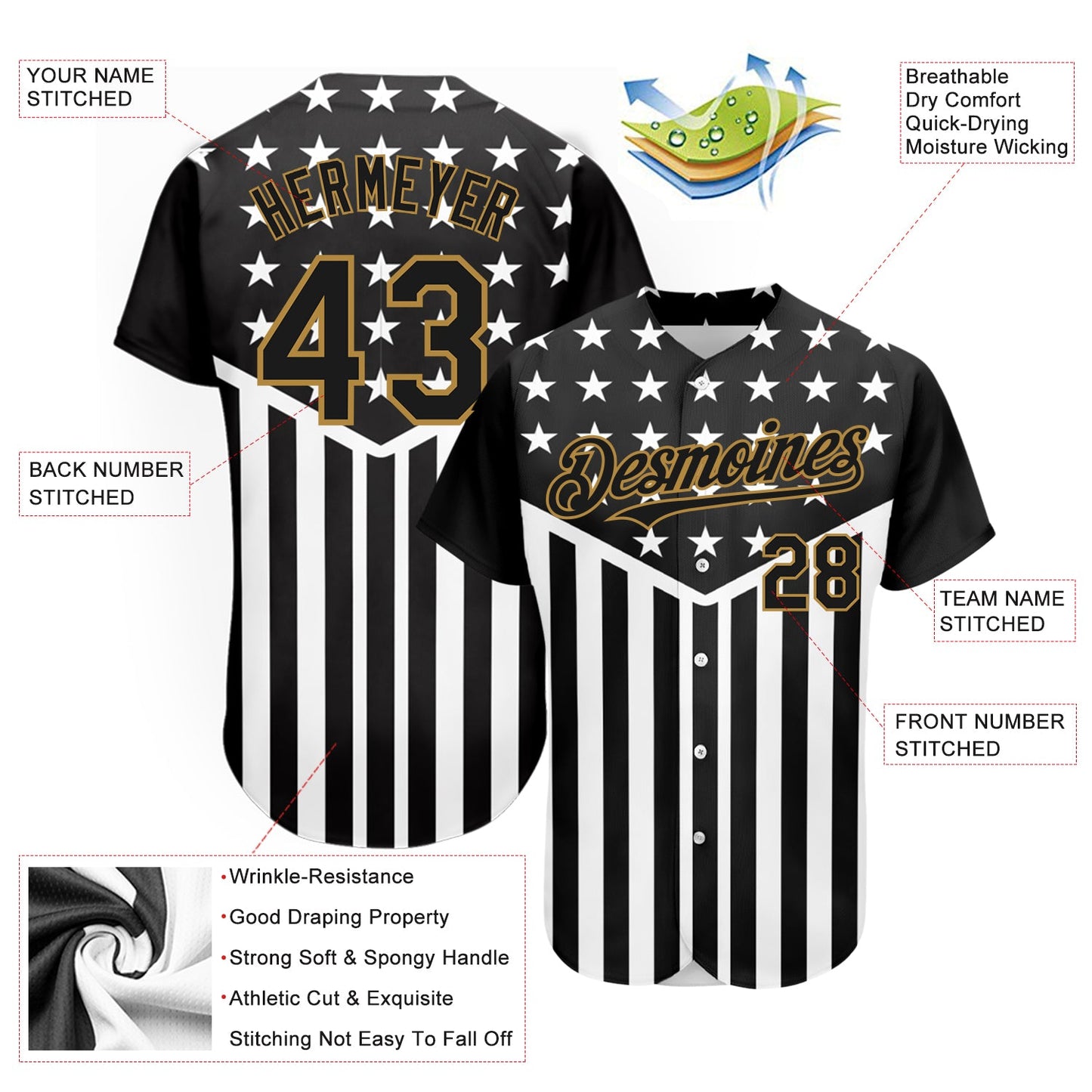 Custom Black Old Gold-White 3D American Flag Authentic Baseball Jersey view 3