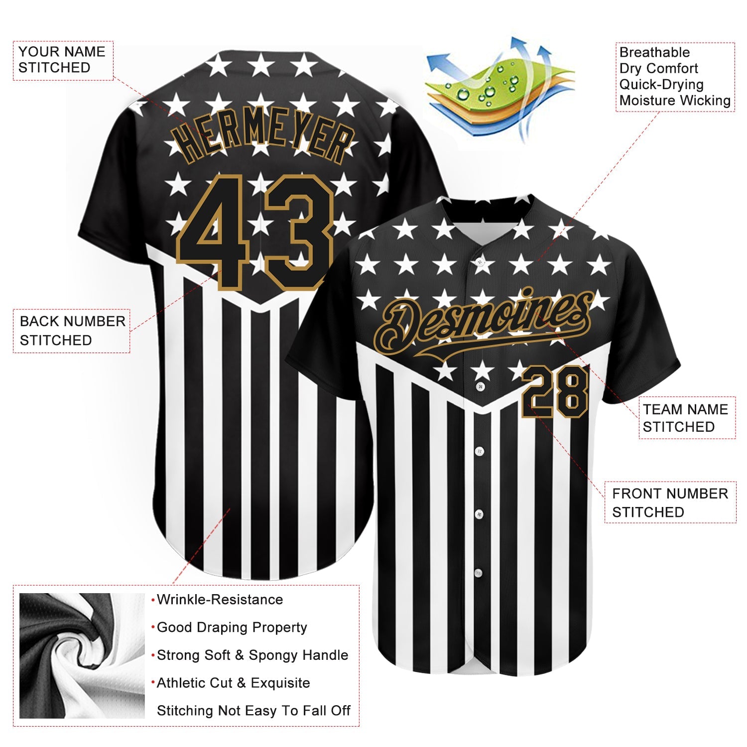 Custom Black Old Gold-White 3D American Flag Authentic Baseball Jersey view 3