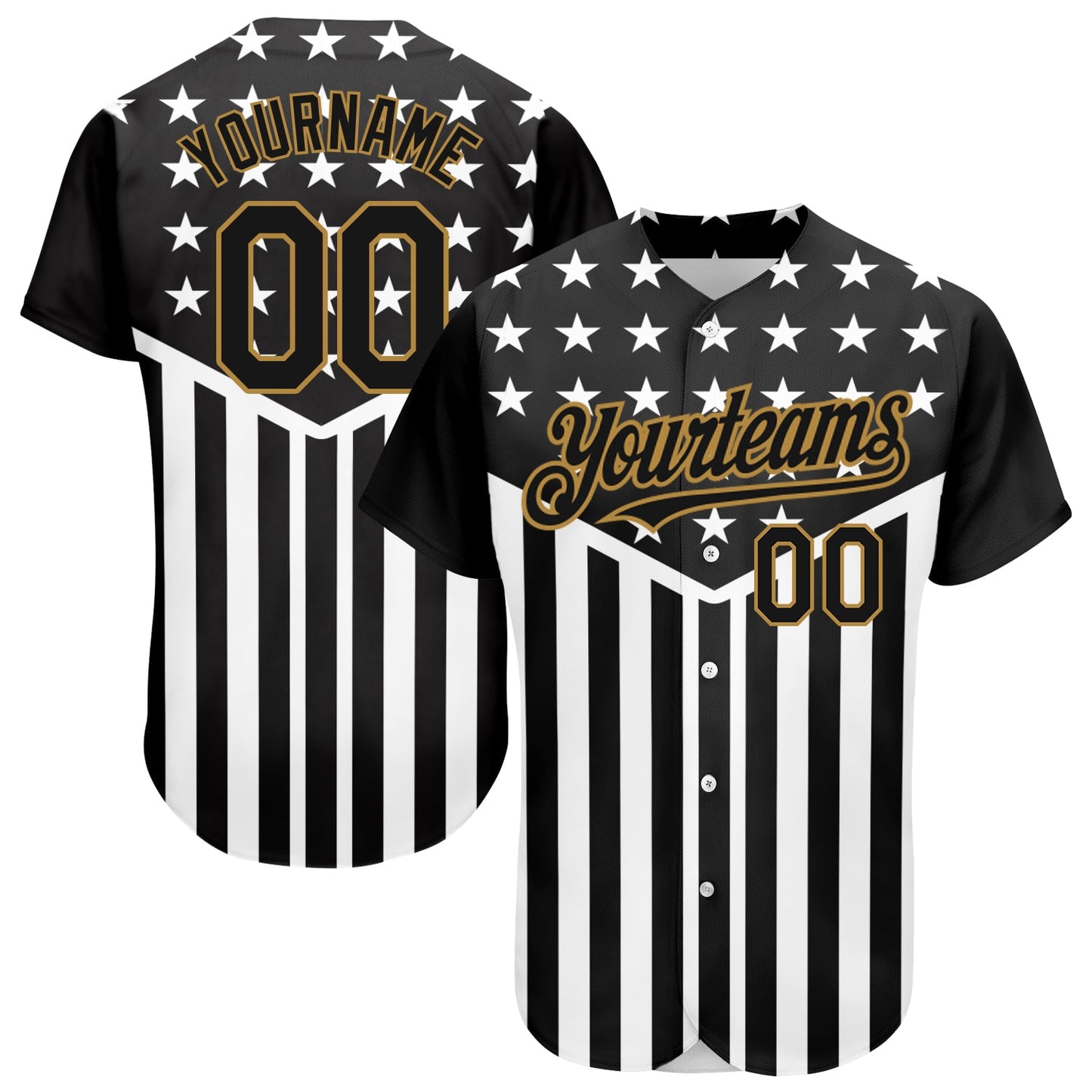 Custom Black Old Gold-White 3D American Flag Authentic Baseball Jersey - Main View