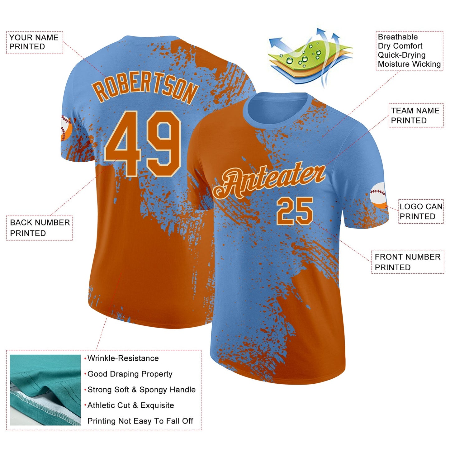 Custom Light Blue Texas Orange-Cream Abstract Brush Stroke Performance T-Shirt view 2