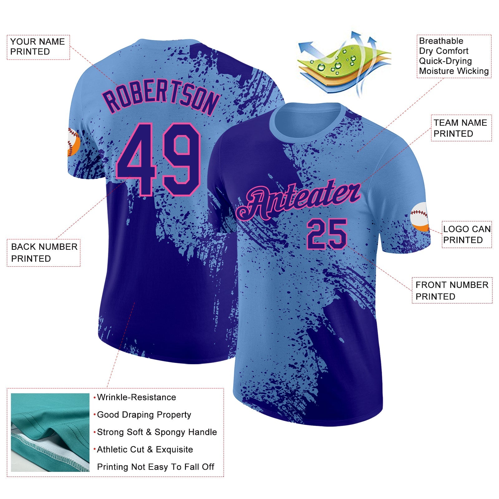 Custom Light Blue Dark Purple-Pink Abstract Brush Stroke Performance T-Shirt view 2