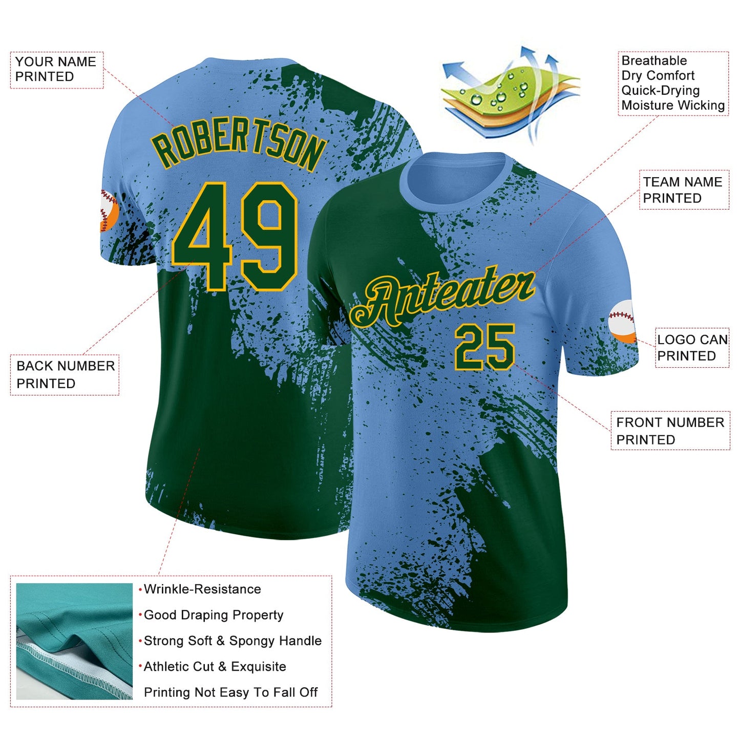 Custom Light Blue Green-Gold Abstract Brush Stroke Performance T-Shirt view 2