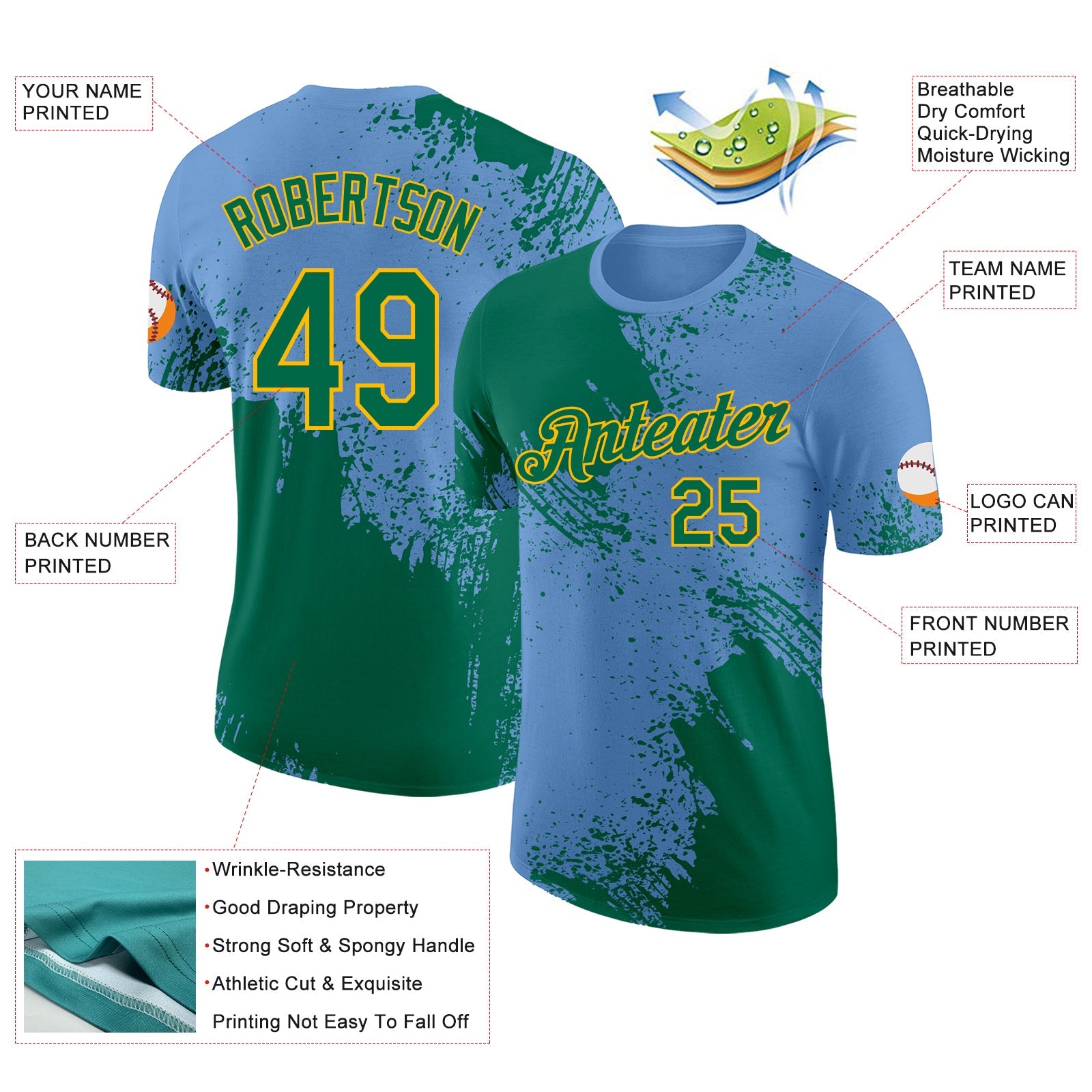 Custom Light Blue Kelly Green-Gold Abstract Brush Stroke Performance T-Shirt view 2