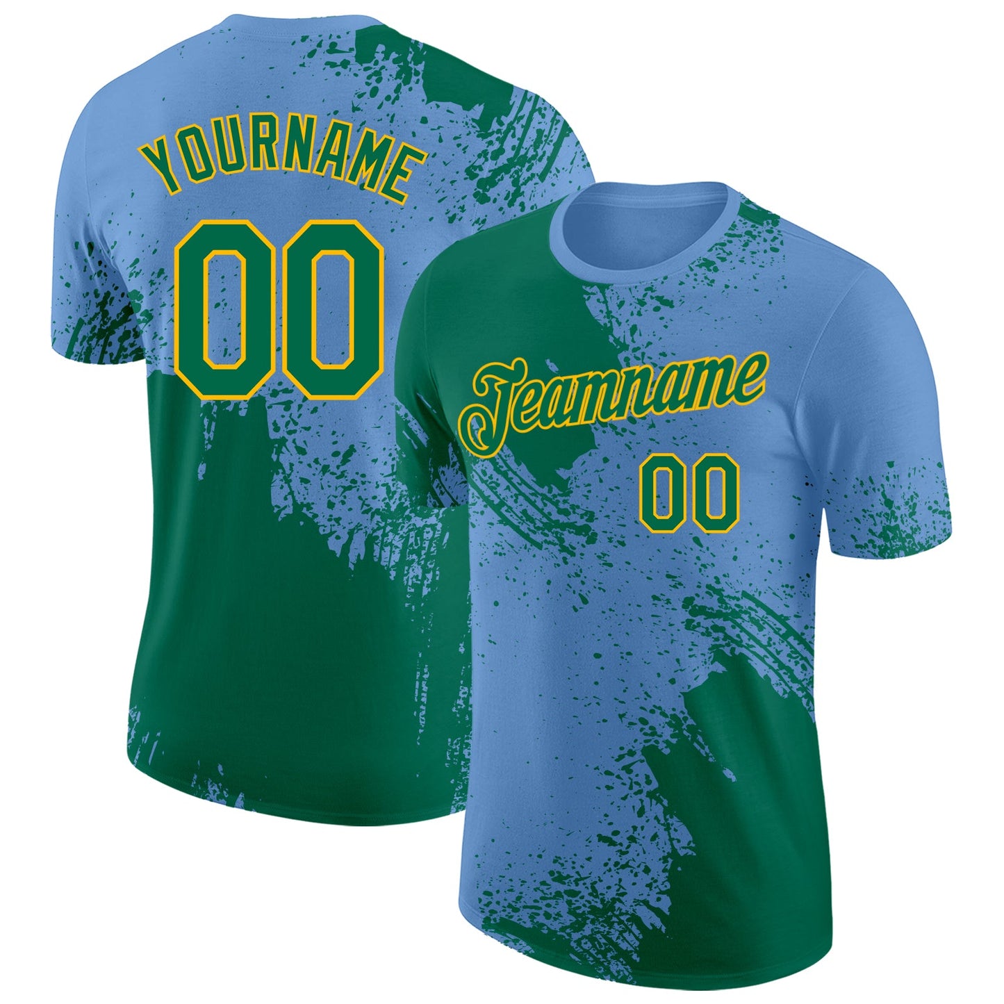 Custom Light Blue Kelly Green-Gold Abstract Brush Stroke Performance T-Shirt - Main View