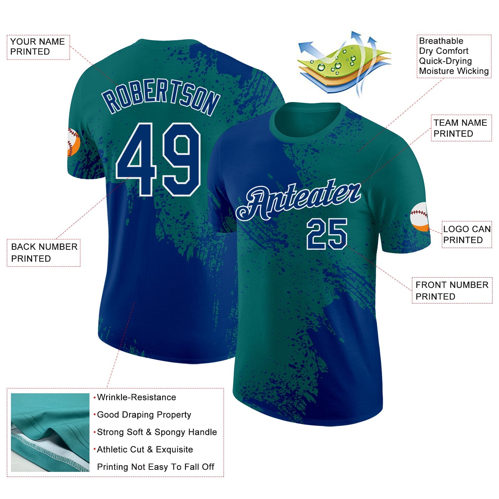 Custom Teal US Navy Blue-White Abstract Brush Stroke Performance T-Shirt view 2