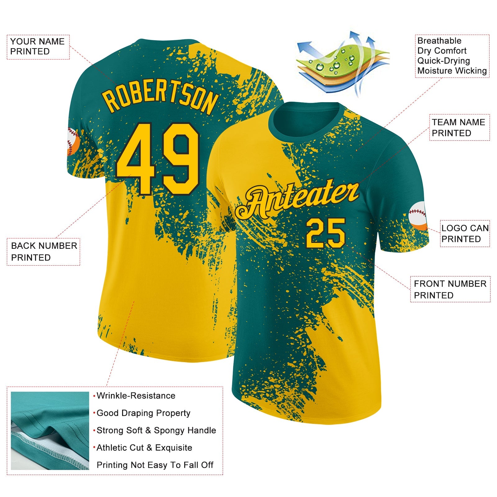 Custom Teal Yellow-Black Abstract Brush Stroke Performance T-Shirt view 2