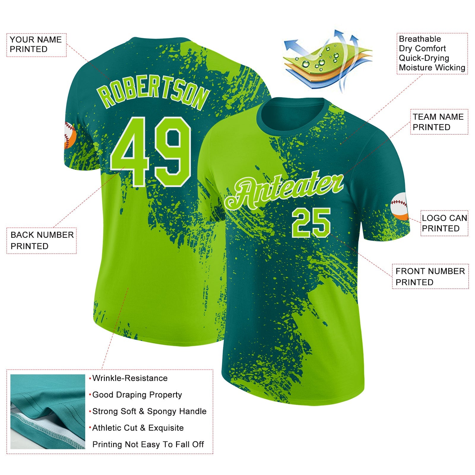 Custom Teal Neon Green-White Abstract Brush Stroke Performance T-Shirt view 2