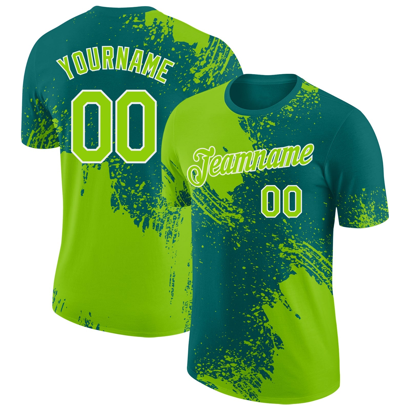 Custom Teal Neon Green-White Abstract Brush Stroke Performance T-Shirt - Main View