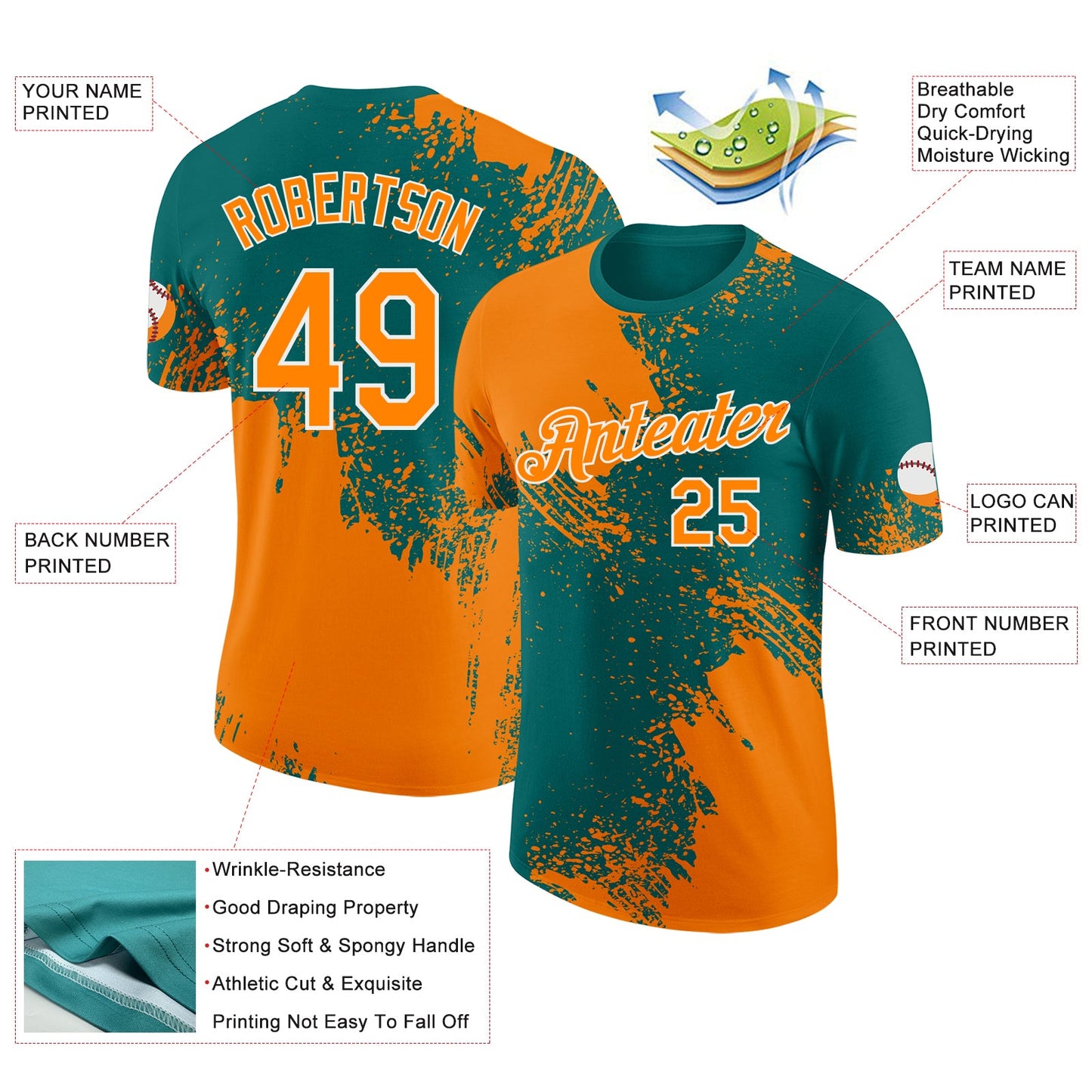 Custom Teal Bay Orange-White Abstract Brush Stroke Performance T-Shirt view 2