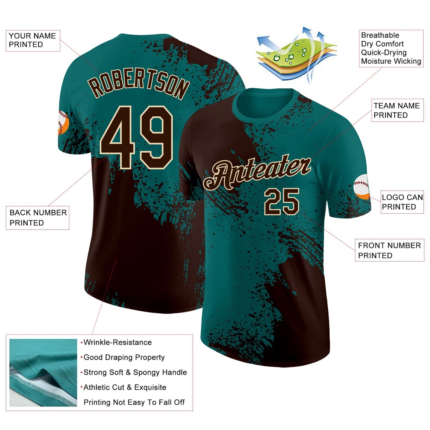 Custom Teal Brown-Cream Abstract Brush Stroke Performance T-Shirt view 2