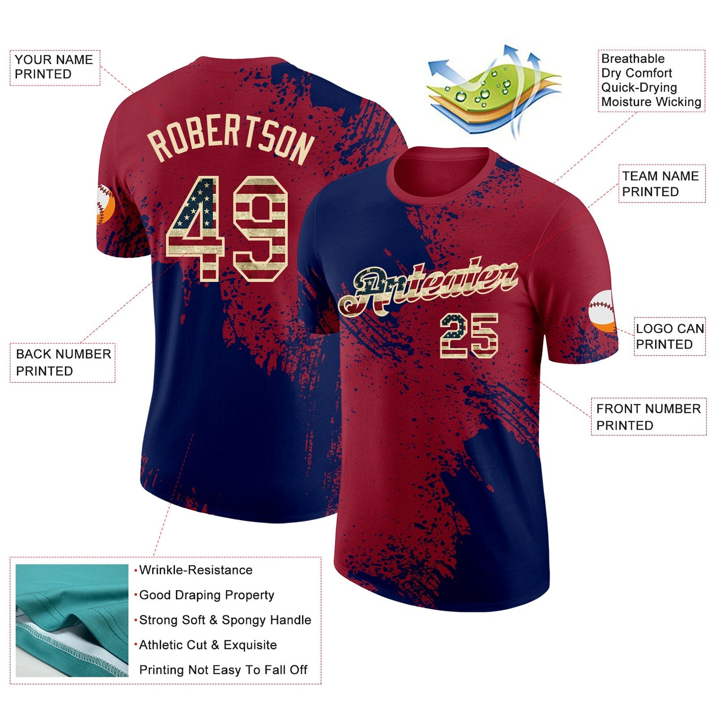 Custom Crimson Vintage USA Flag Navy-Cream Abstract Brush Stroke Performance T-Shirt view 2