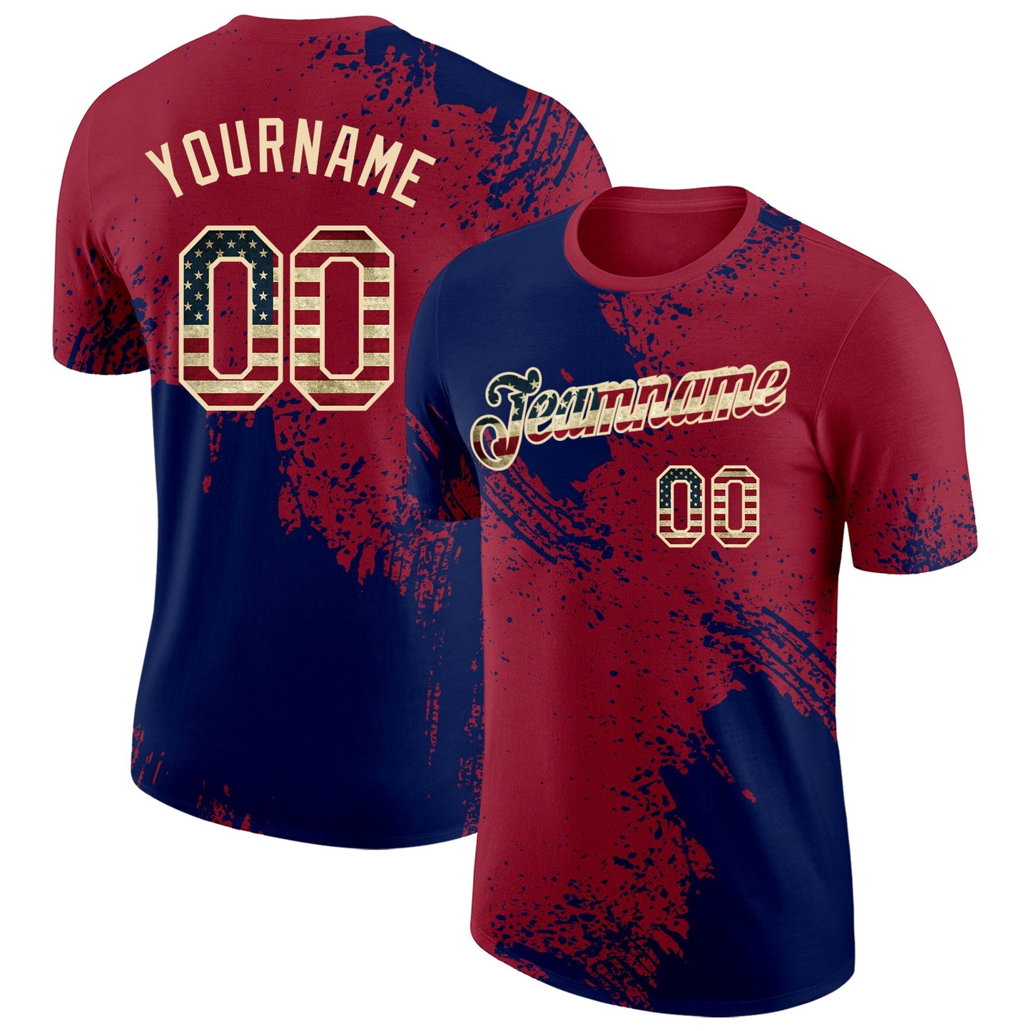 Custom Crimson Vintage USA Flag Navy-Cream Abstract Brush Stroke Performance T-Shirt - Main View