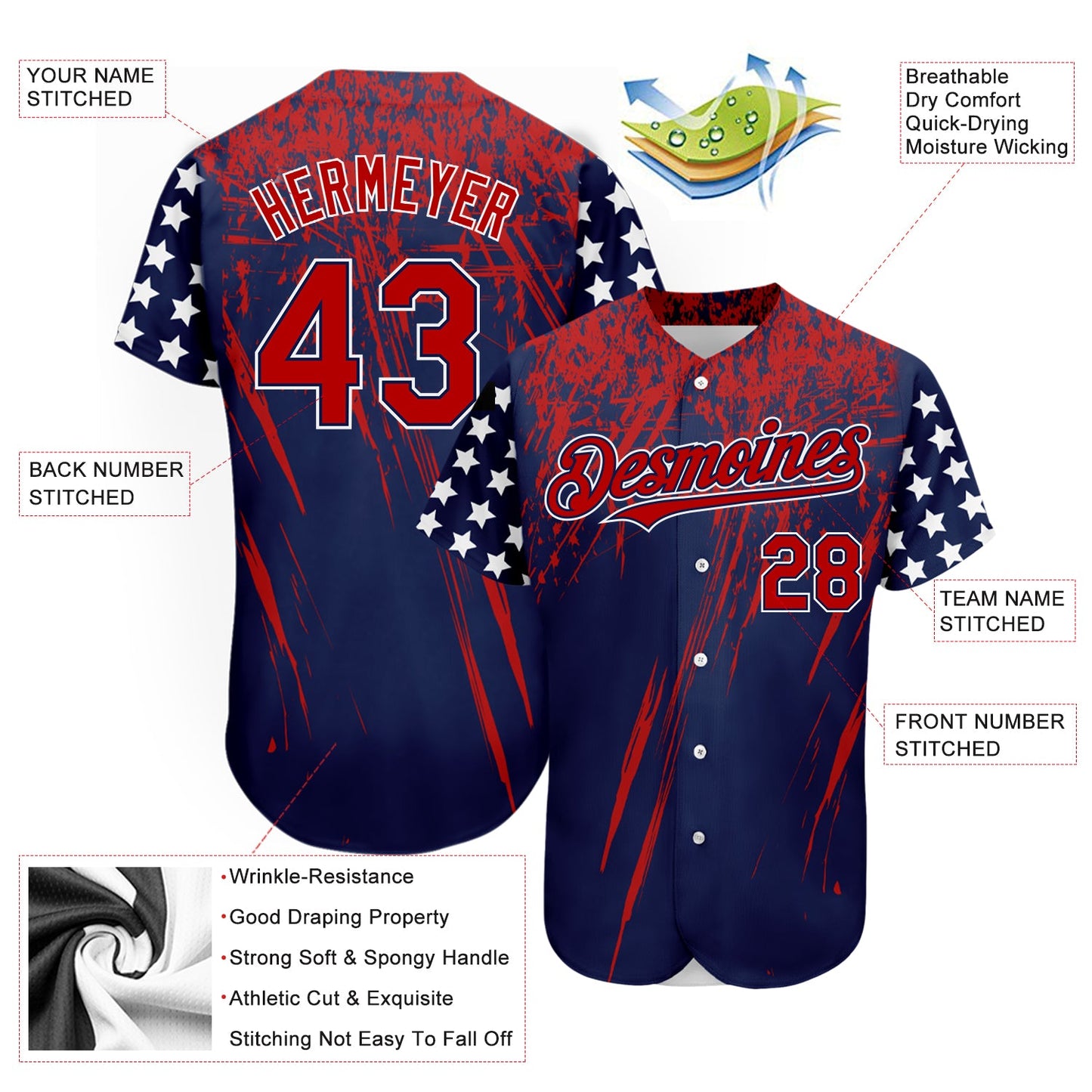 Custom Navy Red-Royal 3D American Flag Authentic Baseball Jersey view 3