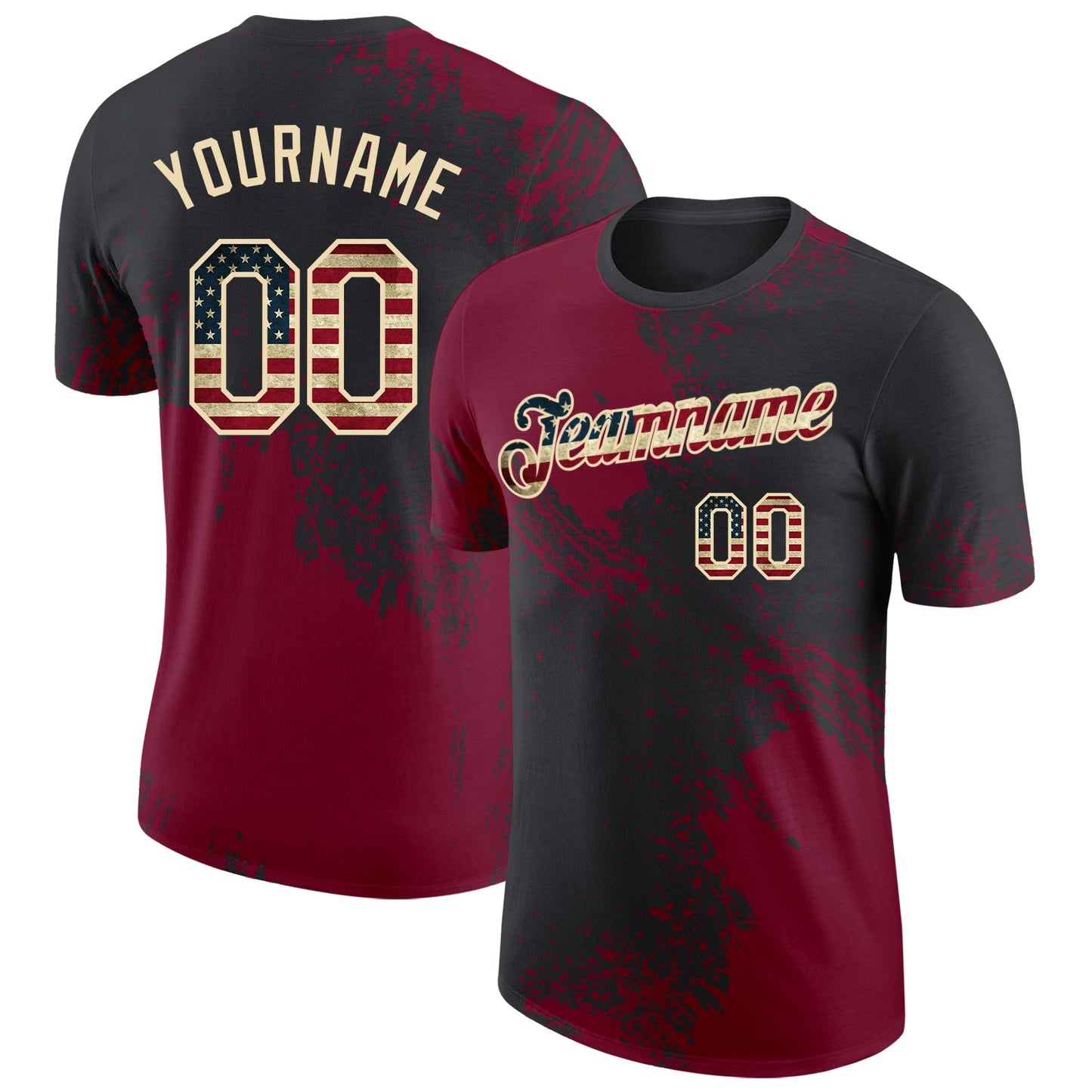 Custom Black Vintage USA Flag Crimson-Cream Abstract Brush Stroke Performance T-Shirt - Main View