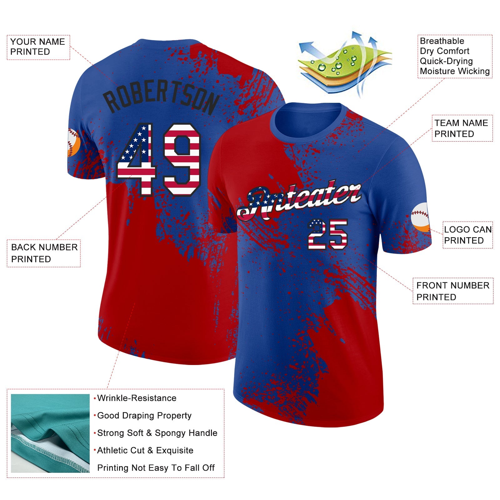 Custom Royal USA Flag Red-Black Abstract Brush Stroke Performance T-Shirt view 2
