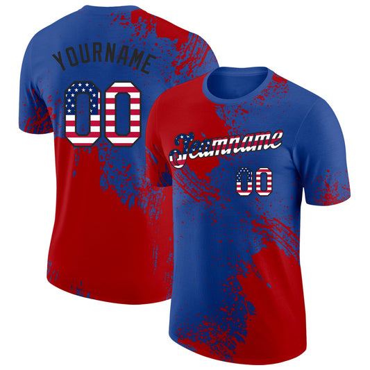 Custom Royal USA Flag Red-Black Abstract Brush Stroke Performance T-Shirt - Main View