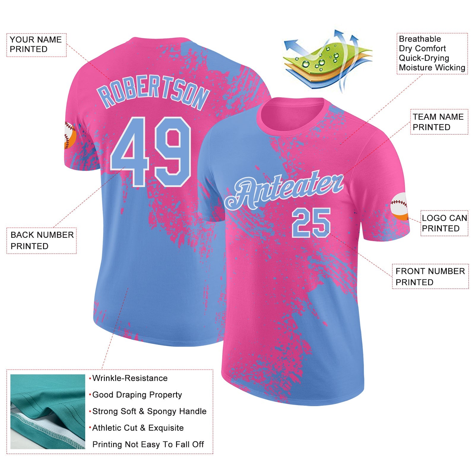 Custom Pink Light Blue-White Abstract Brush Stroke Performance T-Shirt view 2