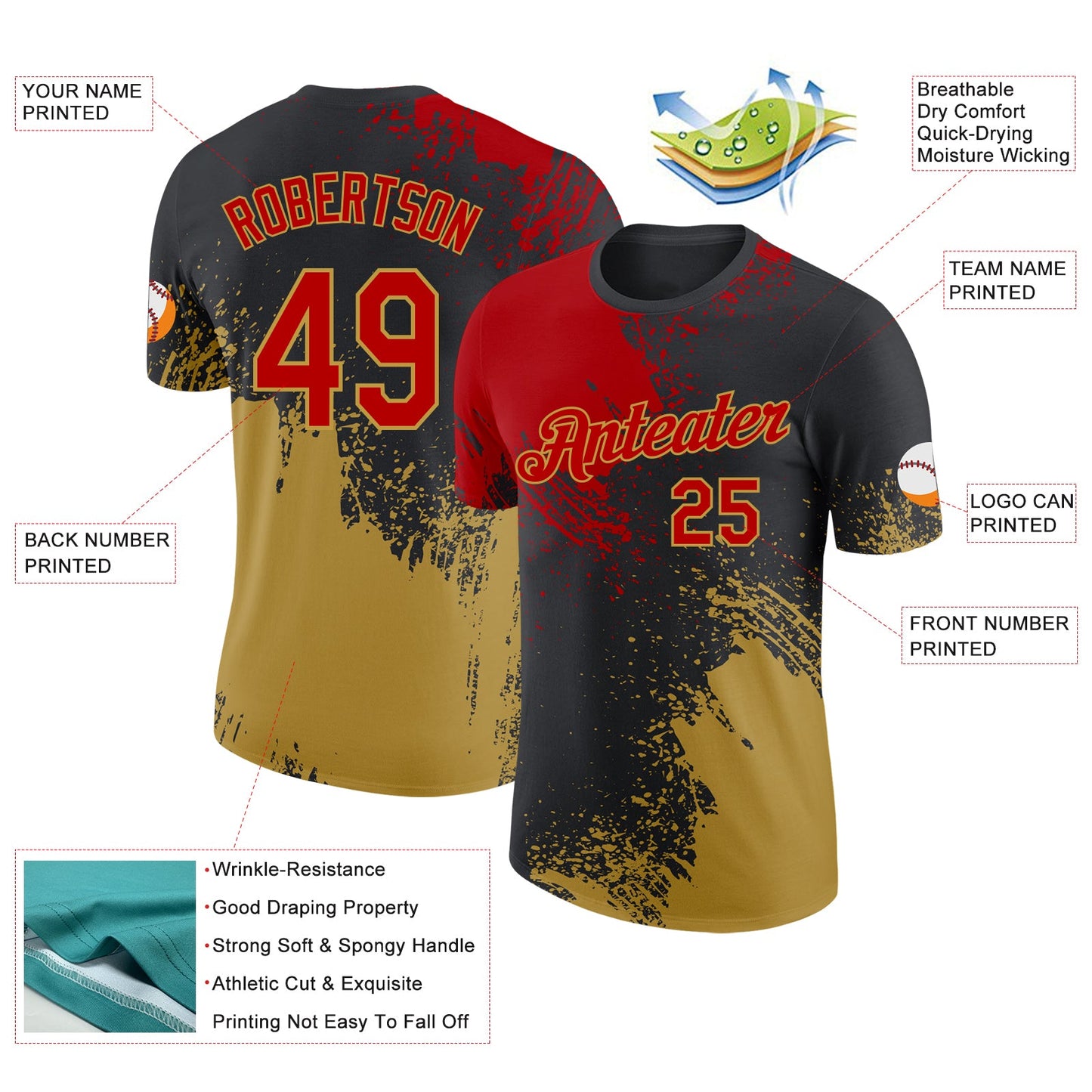 Custom Black Red-Old Gold Abstract Brush Stroke Performance T-Shirt view 2