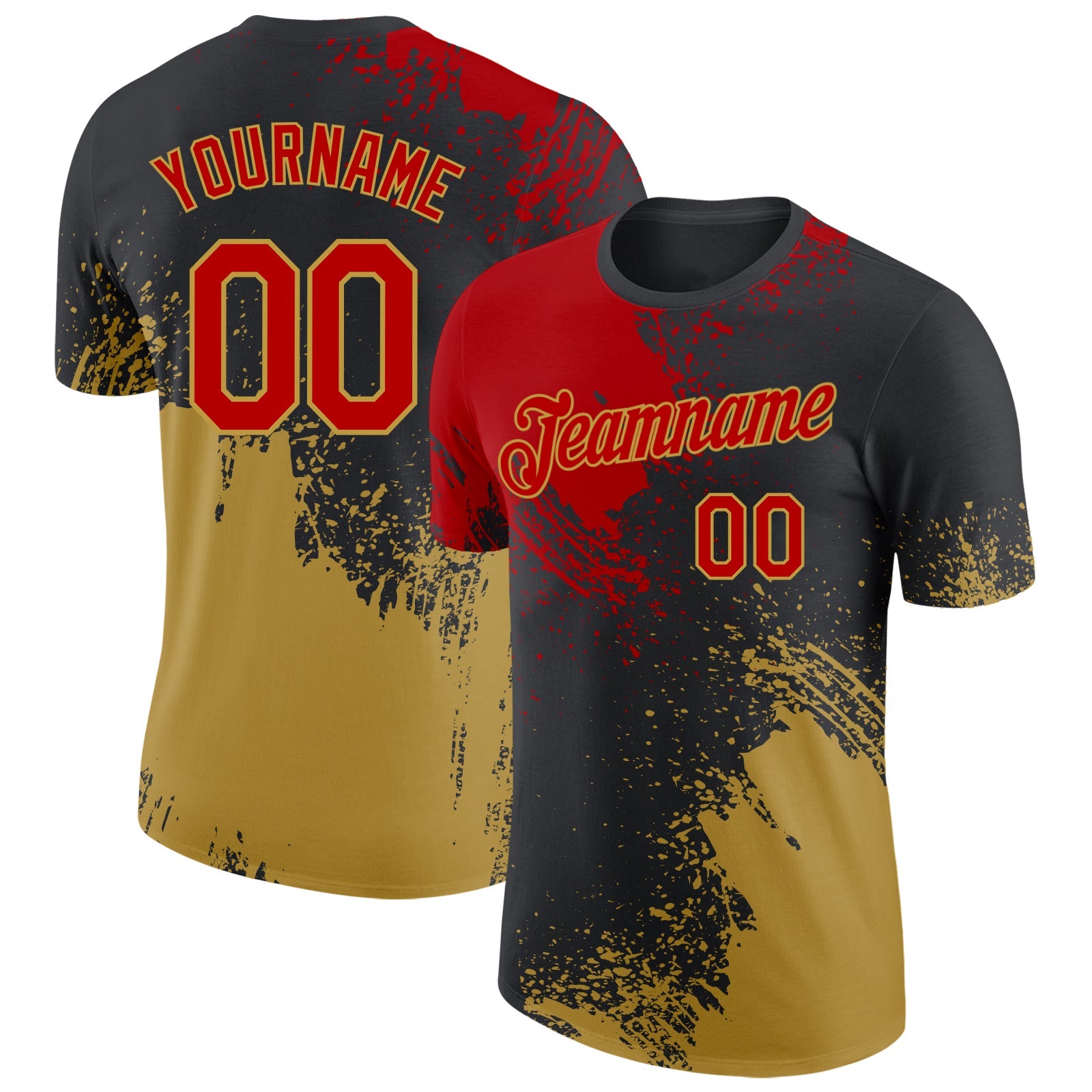 Custom Black Red-Old Gold Abstract Brush Stroke Performance T-Shirt - Main View