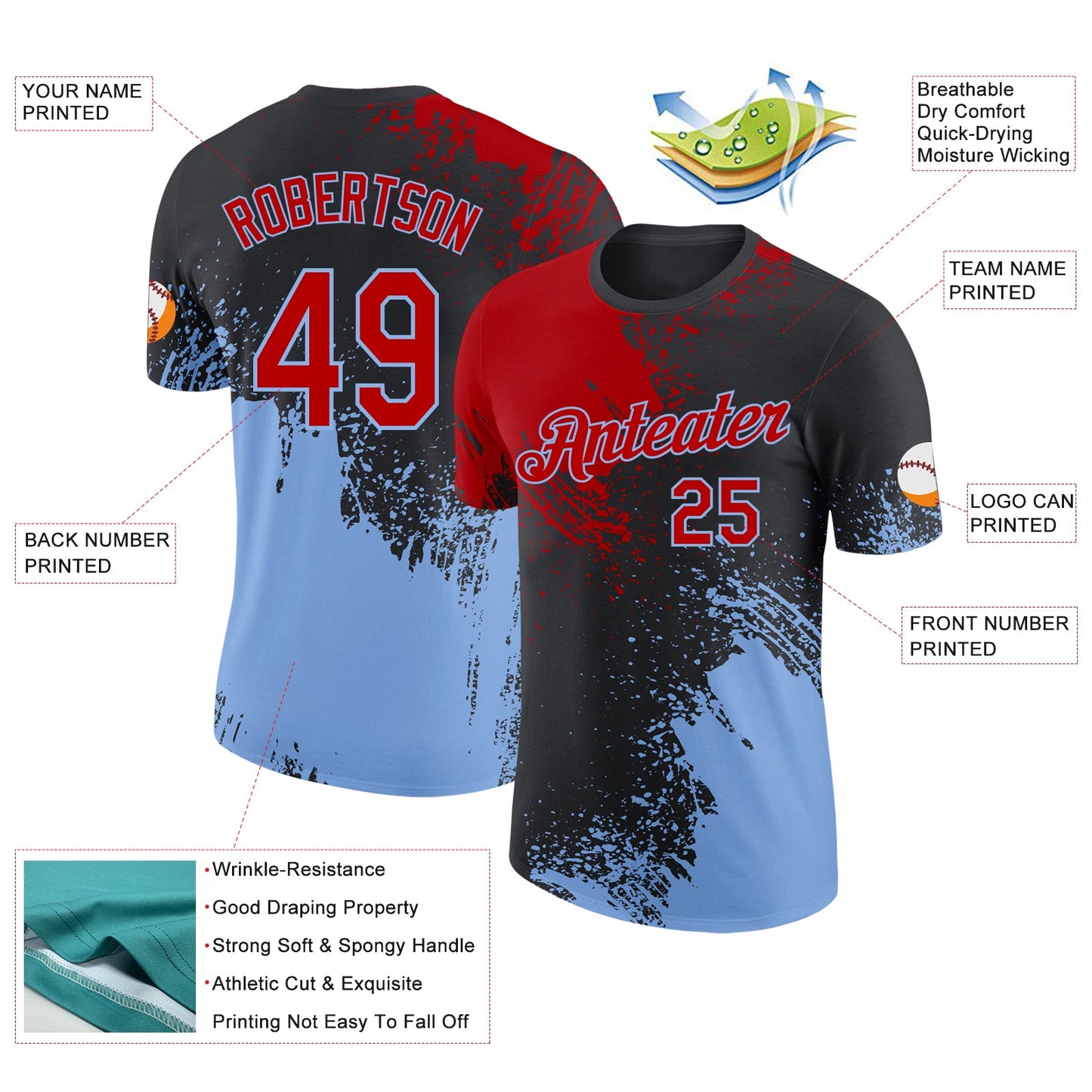 Custom Black Red-Light Blue Abstract Brush Stroke Performance T-Shirt view 2