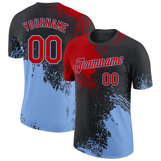 Custom Black Red-Light Blue Abstract Brush Stroke Performance T-Shirt - Main View
