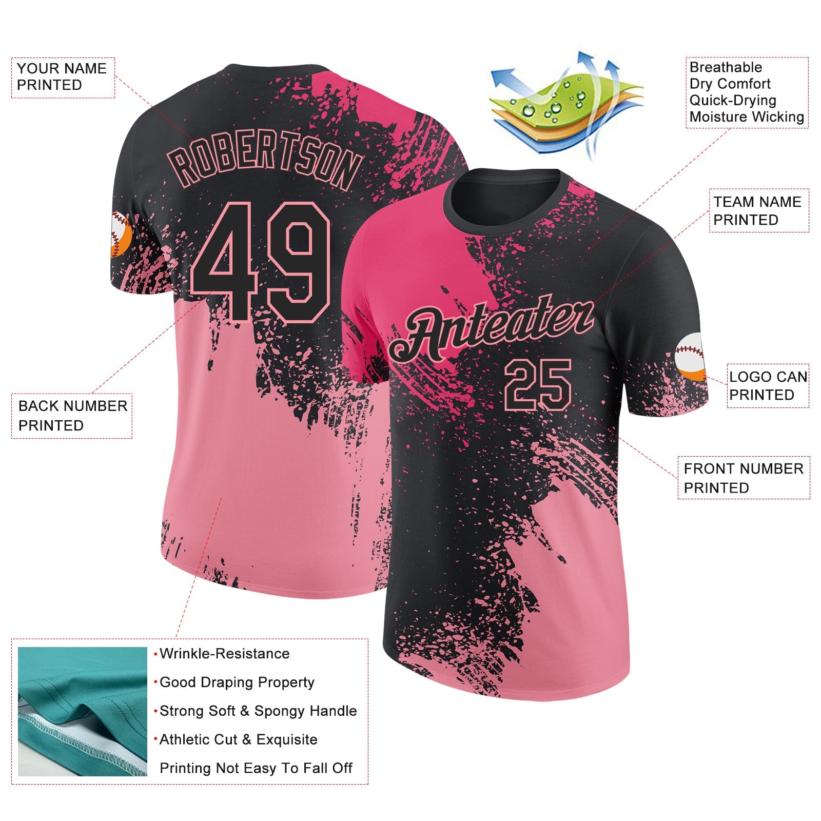 Custom Black Neon Pink-Medium Pink Abstract Brush Stroke Performance T-Shirt view 2