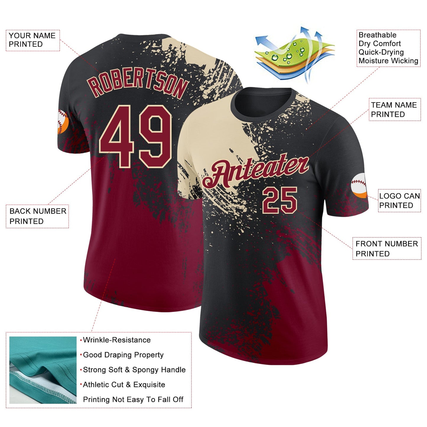 Custom Black Crimson-Cream Abstract Brush Stroke Performance T-Shirt view 2